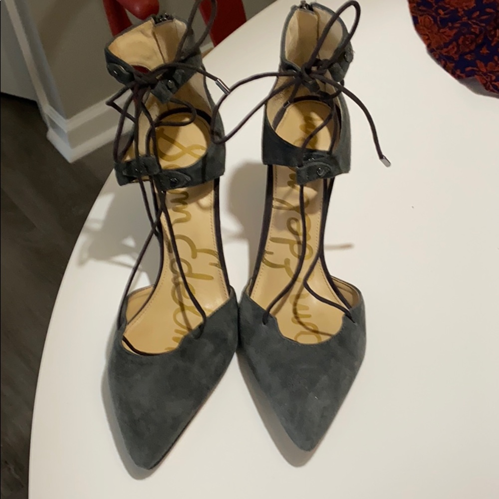 Grey, suede Sam Edelman lace-up heels